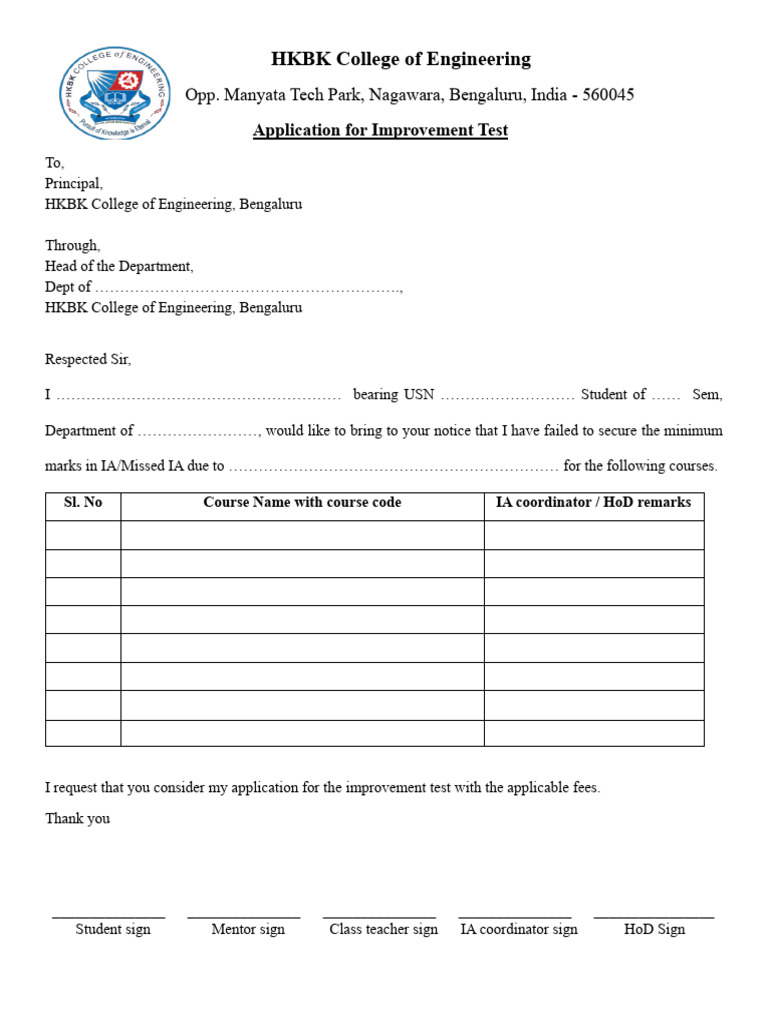 HKBK College Improvement Test Application | PDF