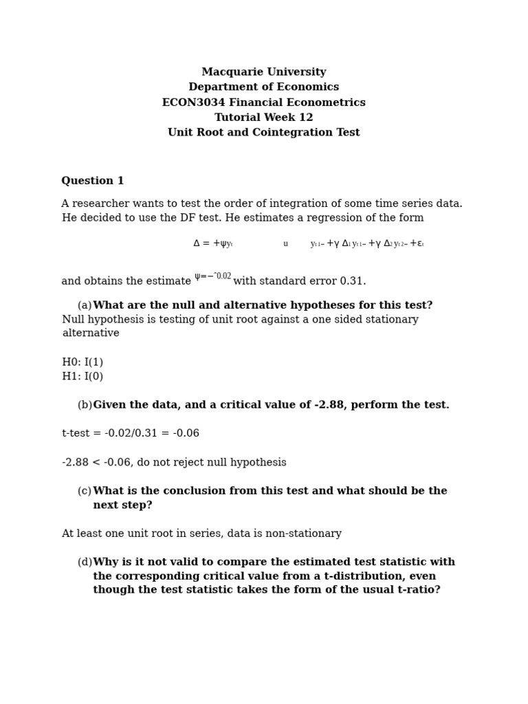 Unit Root and Cointegration Tests in Econometrics | PDF | Applied ...