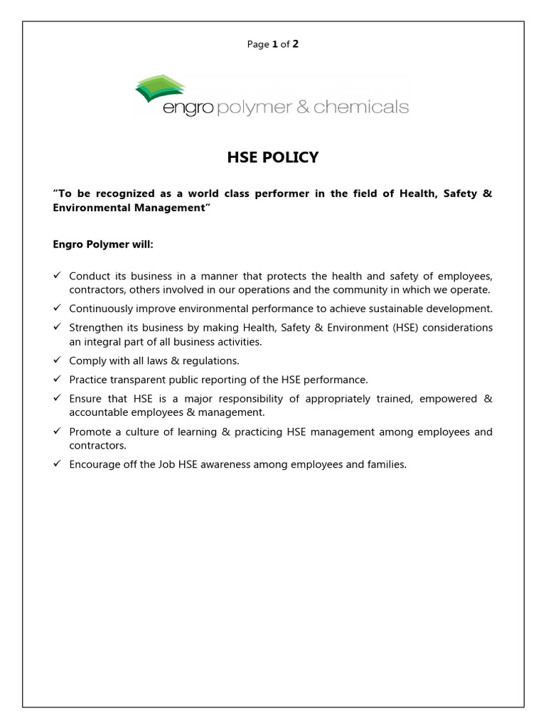 EPCL HSE Policy - Revised May'20 | PDF | Occupational Safety And Health ...