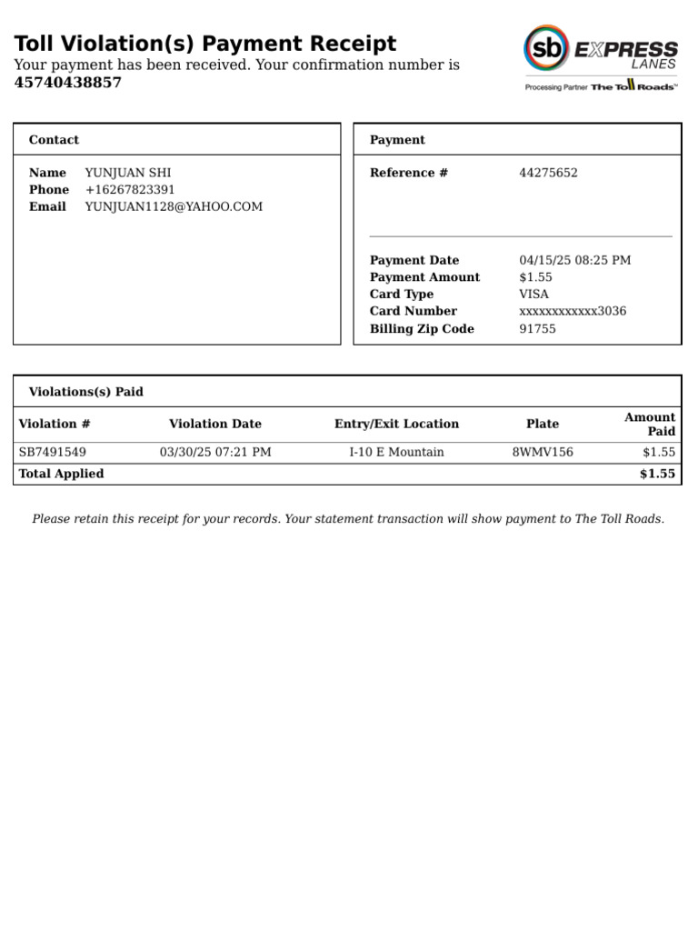 Toll Violation Payment Receipt | PDF