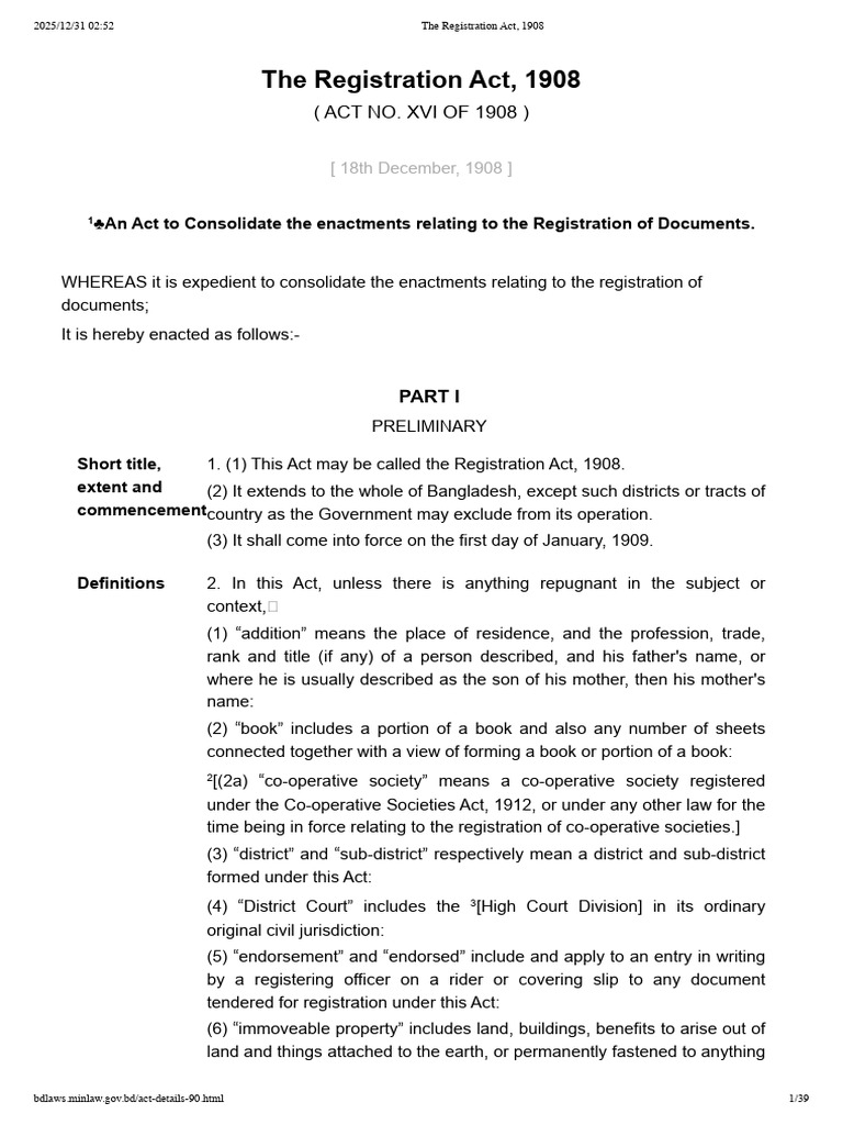 The Registration Act, 1908 | PDF | Property | Deed