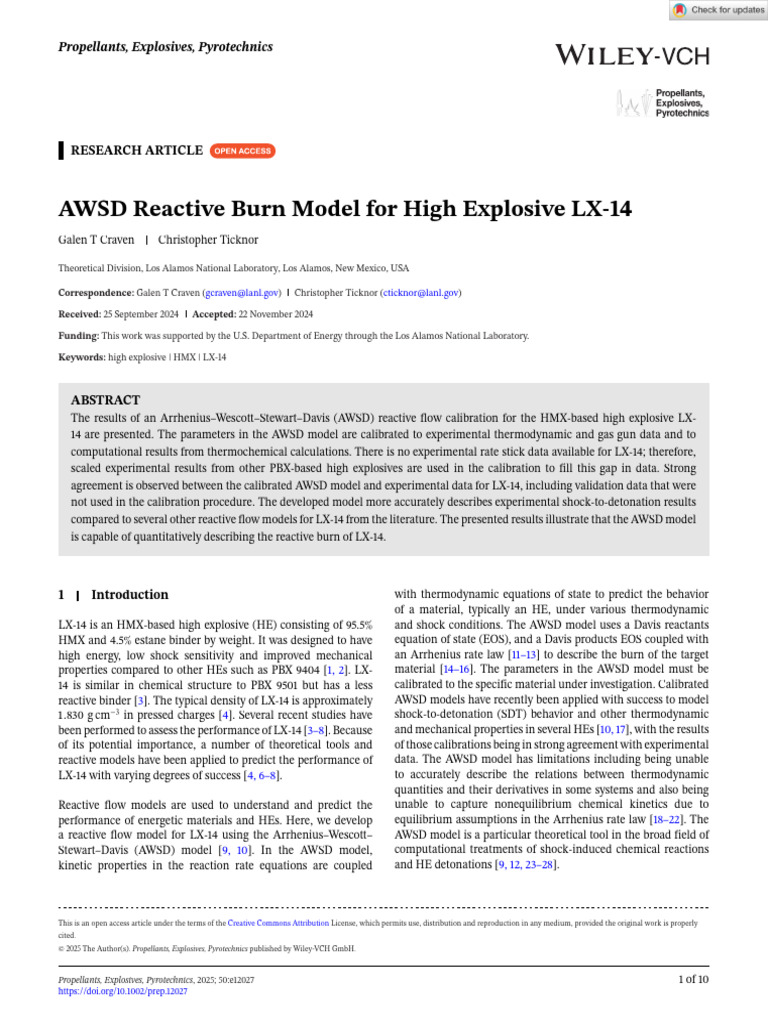 AWSD Model for LX-14 High Explosive | PDF | Non Equilibrium ...