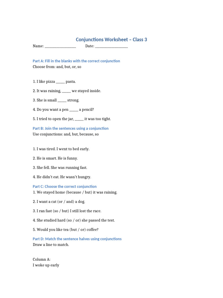 Conjunctions Worksheet Class 3 No Definition | PDF