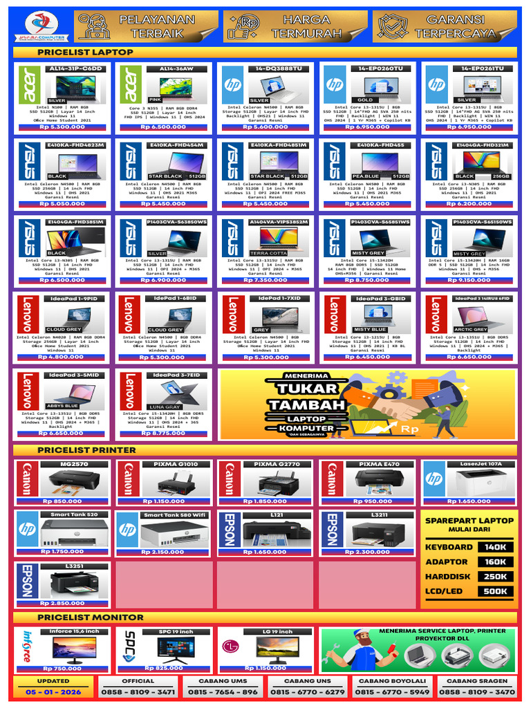 Updated Laptop and Printer Pricelist | PDF | Computer Data | Computing