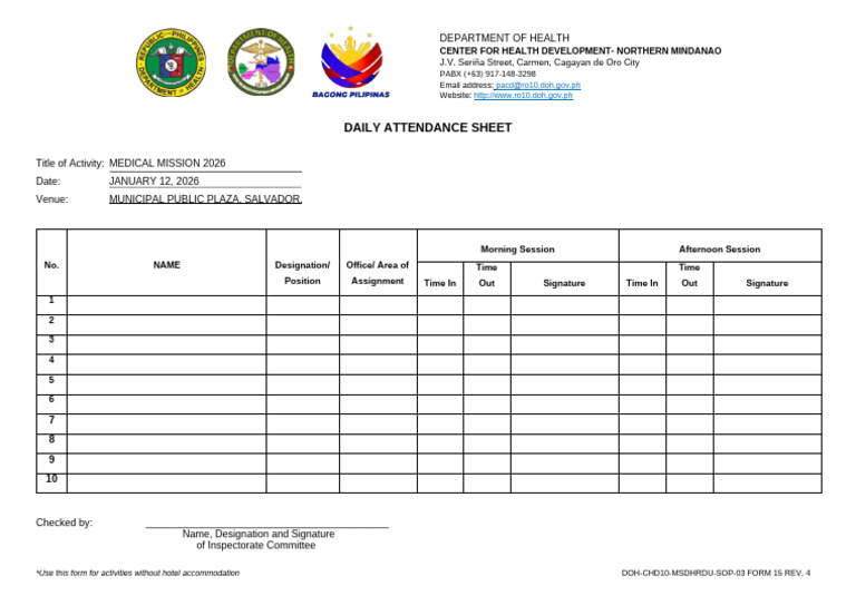 Medical Mission Attendance Sheet 2026 | PDF