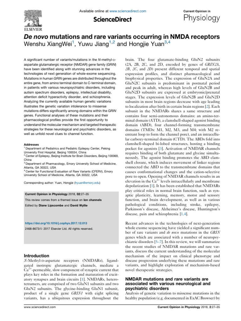 NMDAR Mutations in Neuropsychiatric Disorders | PDF | Nmda Receptor ...