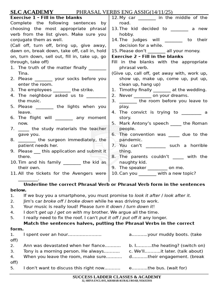Phrasal Verbs Exercise for English Learners | PDF | Linguistics | Syntax