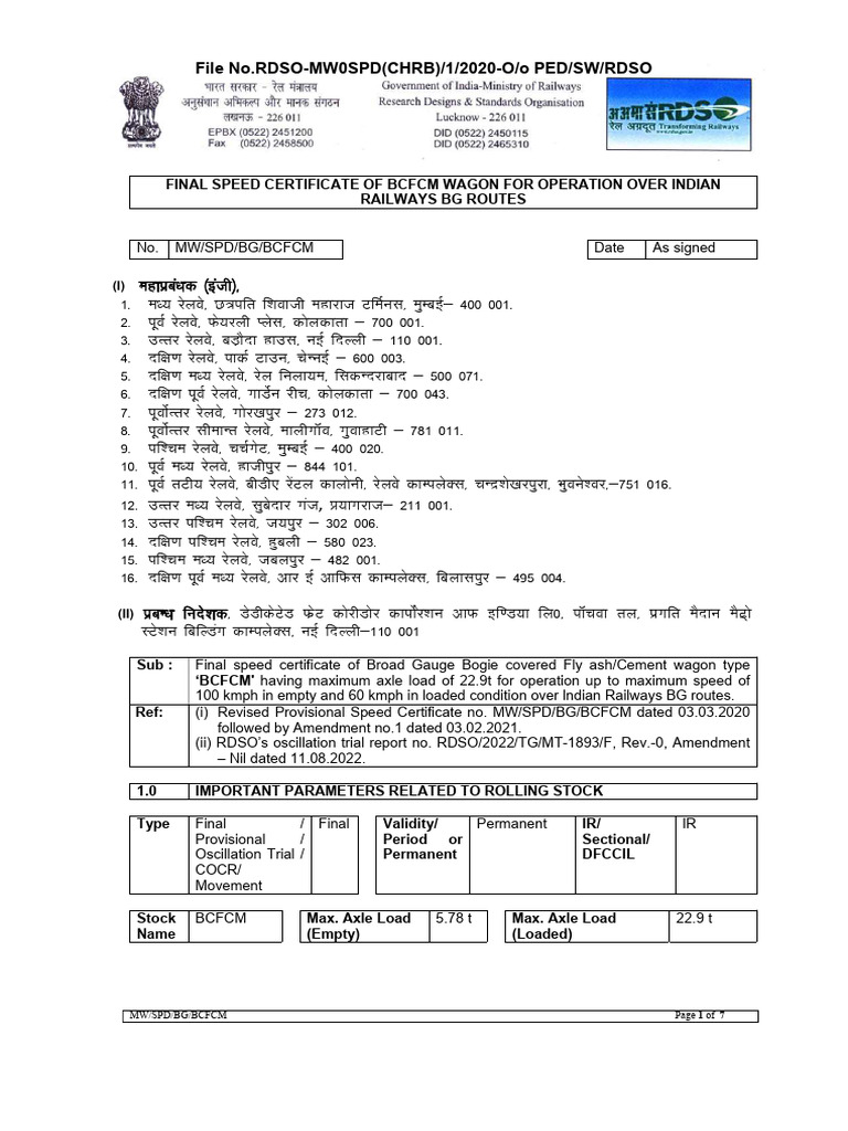 BCFCM Wagon Speed Certificate for Indian Railways | PDF | Rail ...