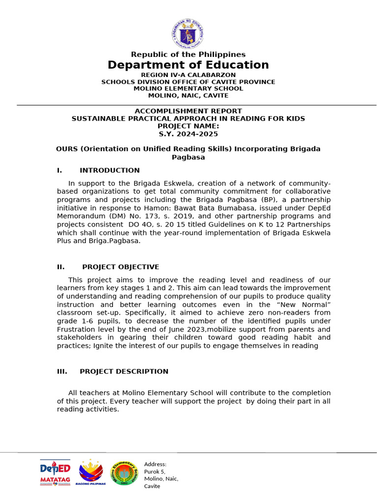 Molino Elementary School Reading Project Report | PDF | Learning ...