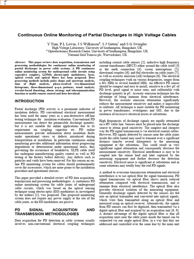 Online Monitoring of Partial Discharges | PDF | Optical Fiber | Electronics