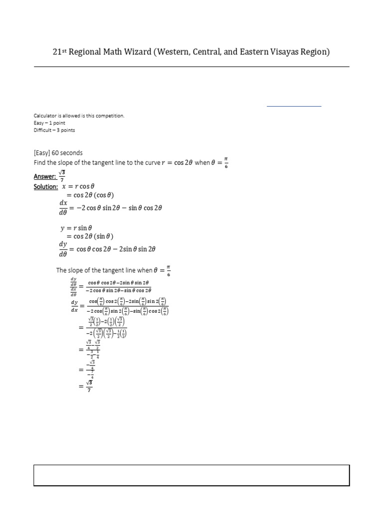 21st Regional Math Wizard Solutions | PDF | Circle | Area