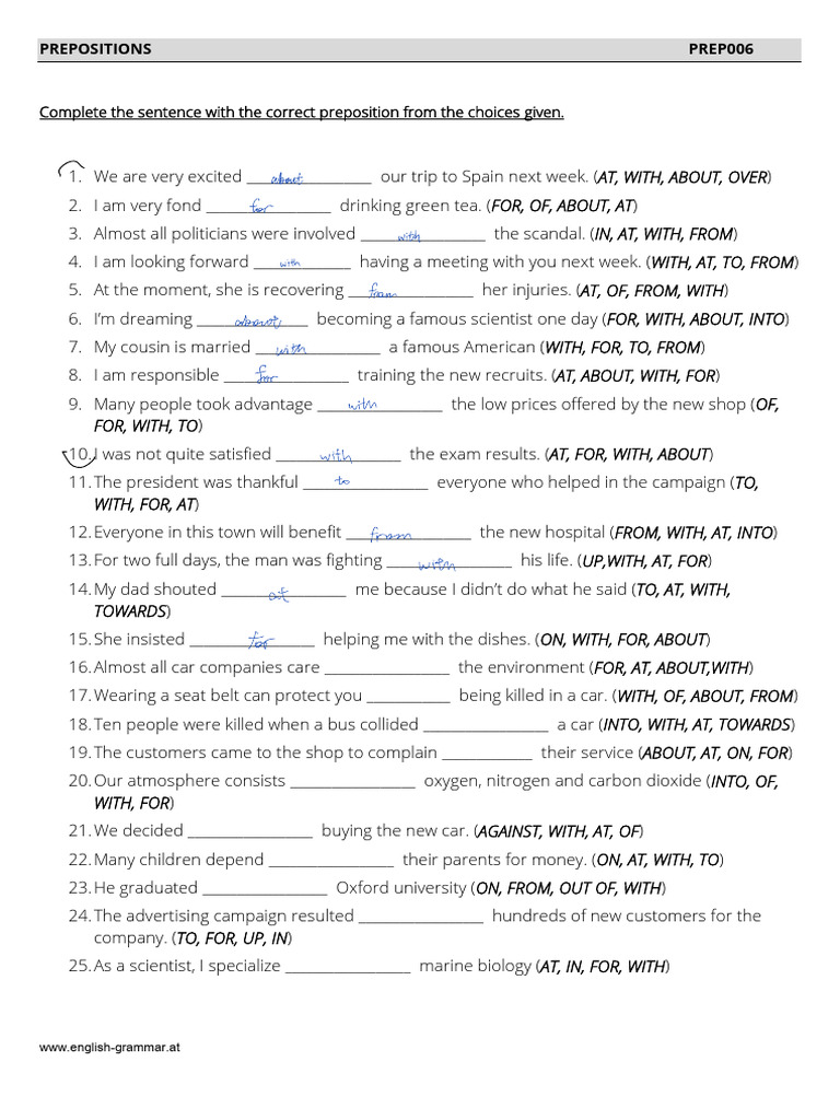 Preposition Exercises for English Learners | PDF
