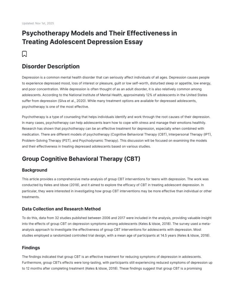 Psychotherapy Models and Their Effectiveness in Treating Adolescent ...