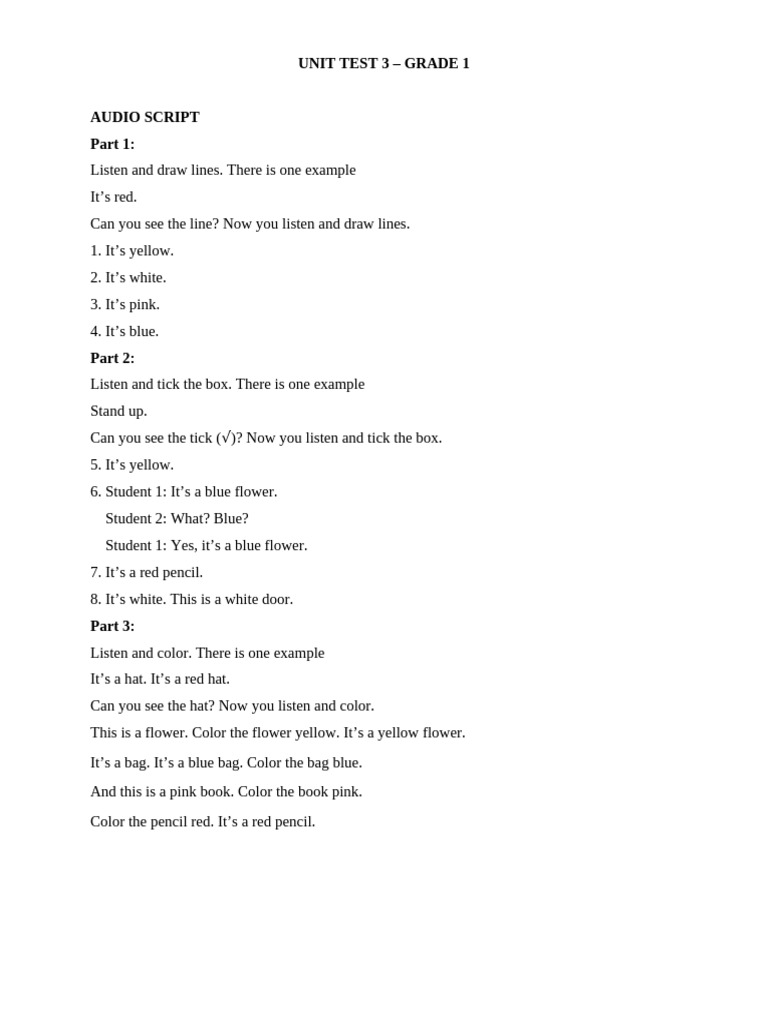 Grade 1 Unit Test Audio Script | PDF