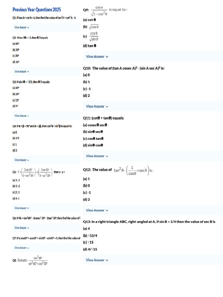 Trigonometry Pyq | PDF