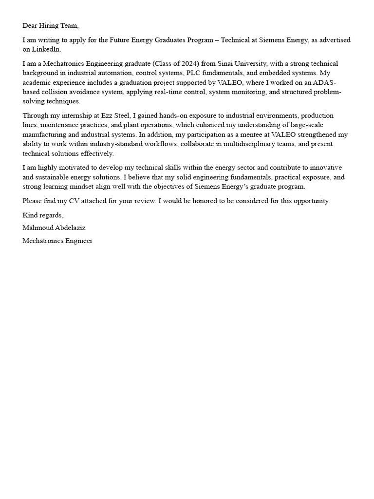 Application for Siemens Energy Graduate Program | PDF