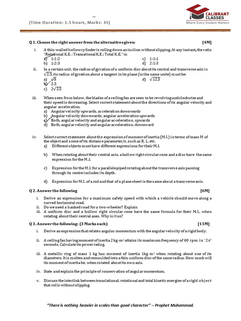 Std XII Physics Test: Rotational Dynamics | PDF | Rotation | Acceleration