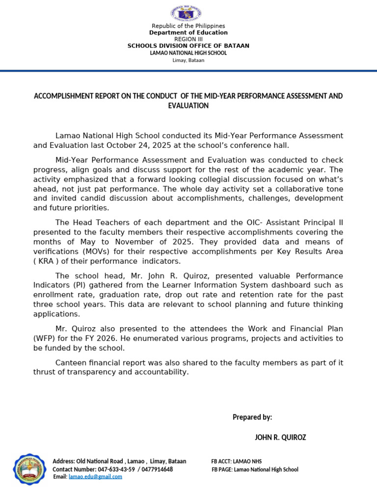 Mid-Year Performance Assessment Report | PDF | Learning