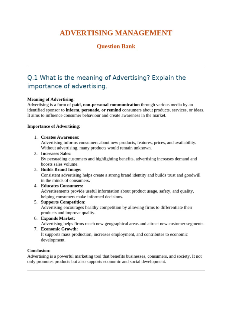 Advertising Management (Question Bank) | PDF | Advertising | Mass Media