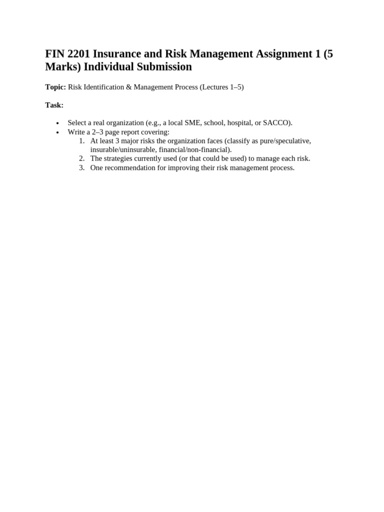 FIN 2201 Insurance and Risk Management Individual Assignment 1 (1) | PDF