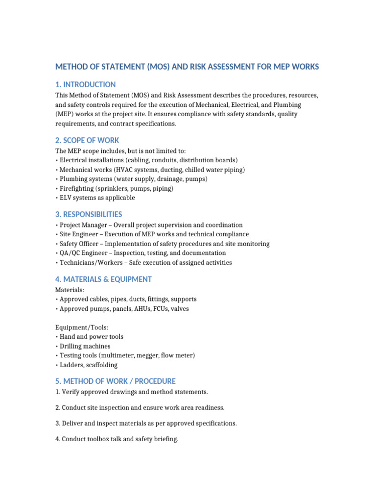 MEP Works Method Statement & Risk Assessment | PDF | Personal ...