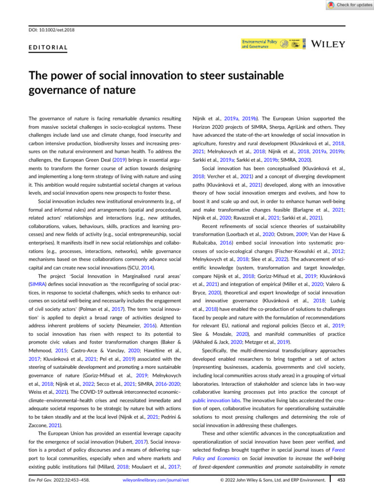 Env Pol Gov - 2022 - Nijnik - The Power of Social Innovation to Steer ...