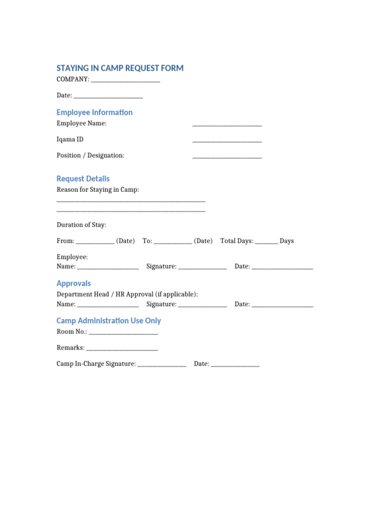 Staying in Camp Request Form | PDF