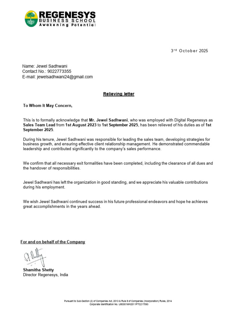 Relieving Letter 1 | PDF