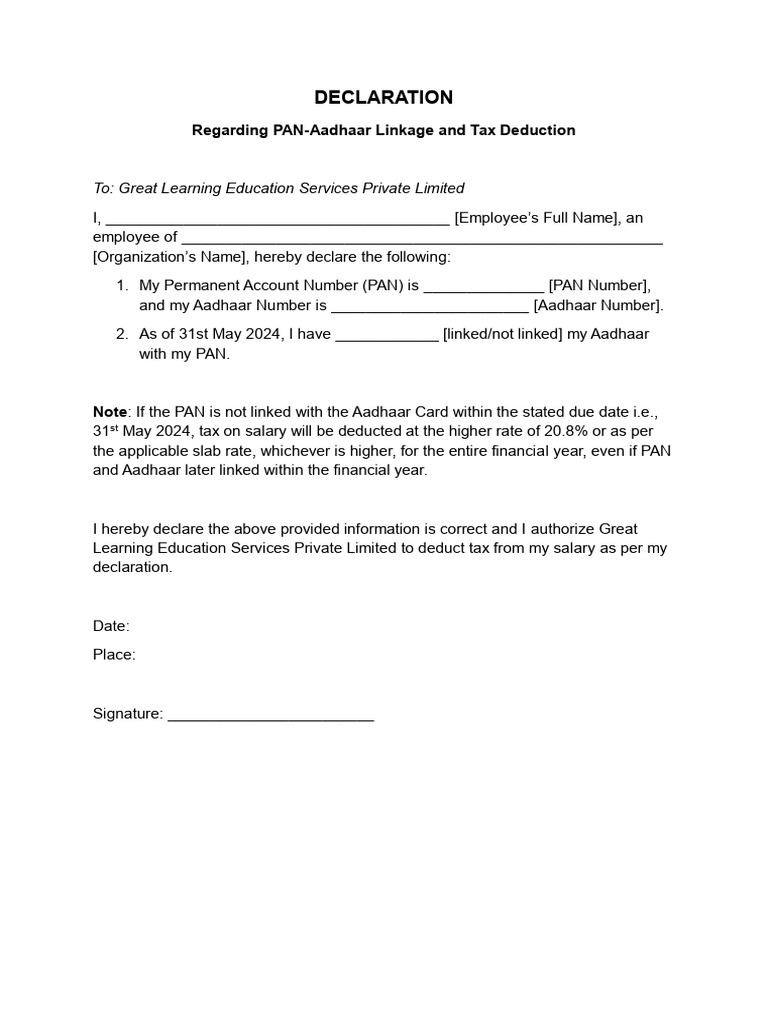 PAN-Aadhaar Link Declaration Form | PDF