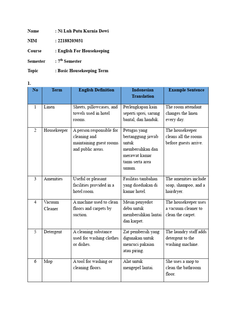 Essential Housekeeping Terms Explained | PDF | Housekeeping | Vacuum ...