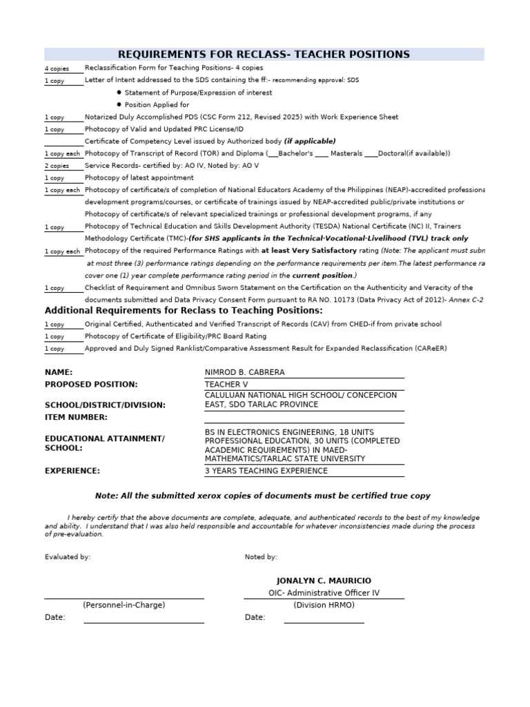 Teacher Position Reclassification Requirements | PDF | Learning ...