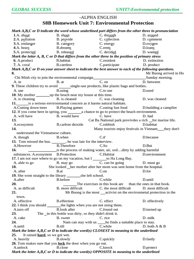 S8B Homework Unit 7 | PDF | Natural Environment | Earth Sciences