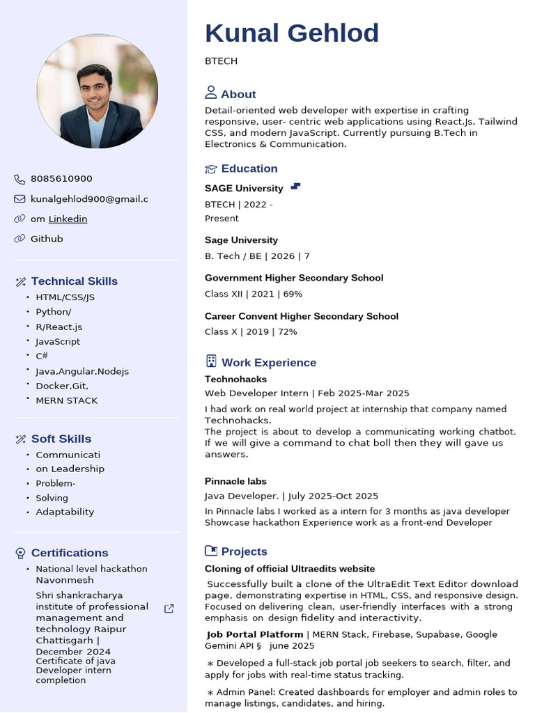 Kunal Gehlod Cv IT | PDF | Java Script | Computing