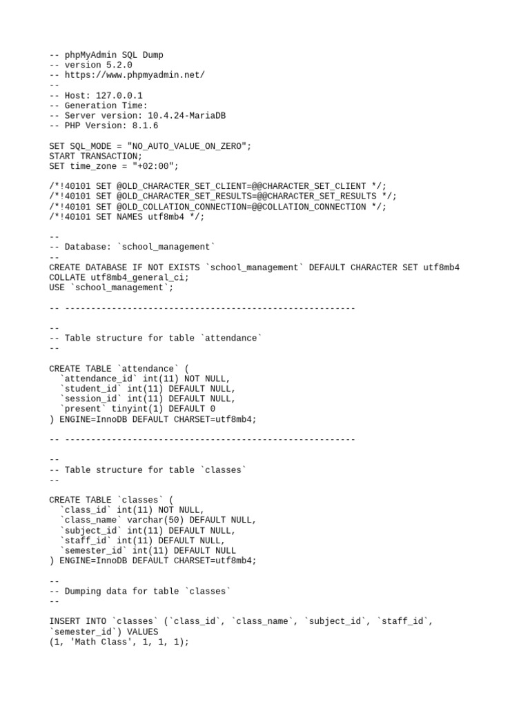 School Management Database Schema | PDF | Data | Sql