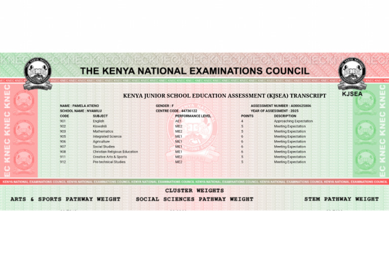 KJSEA Transcript Keya.viewModels.headerModel .AssessmentNumber Unknown ...