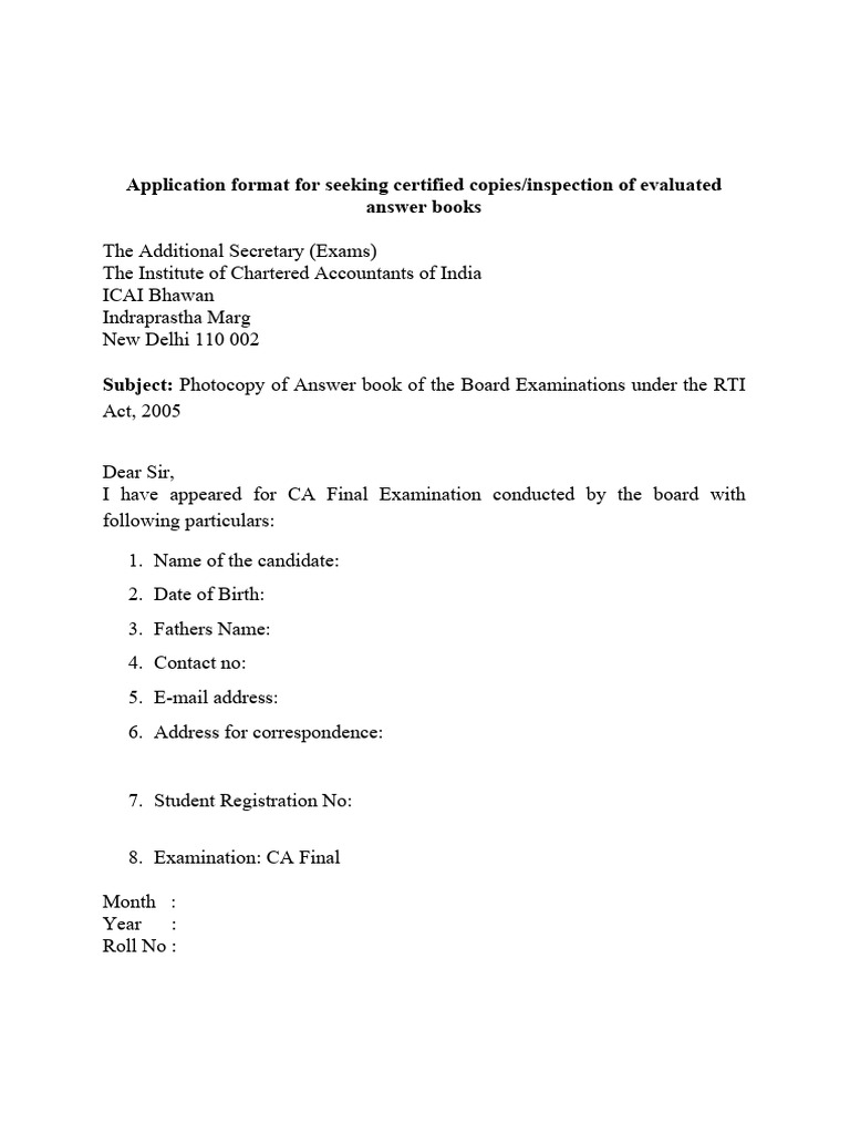 RTI Application for CA Exam Answer Copy | PDF