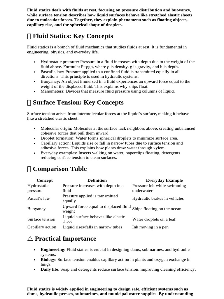Fluid Statics and Surface Tension Explained | PDF | Fluid Mechanics ...