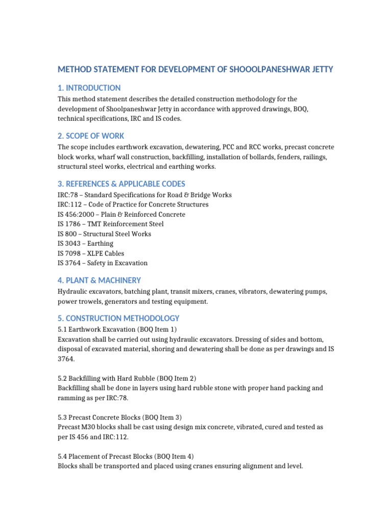 Fully Formatted Method Statement With ITP Shoolpaneshwar Jetty | PDF ...