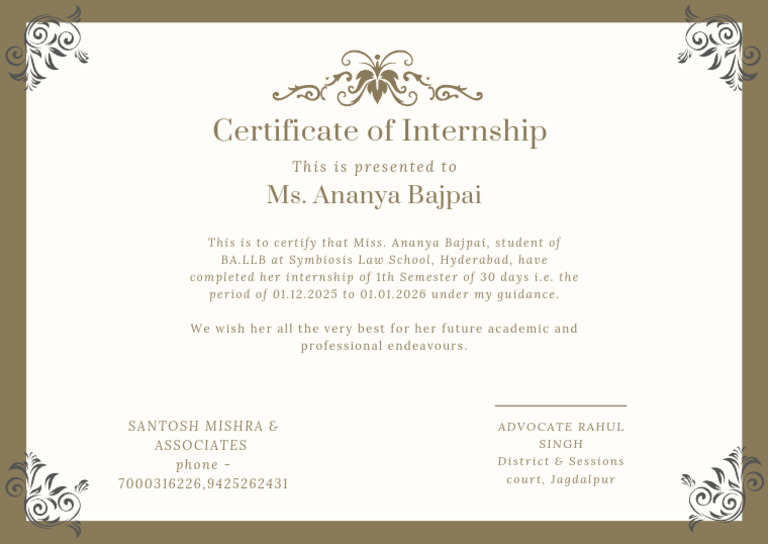 Internship Certificate for Ananya Bajpai | PDF