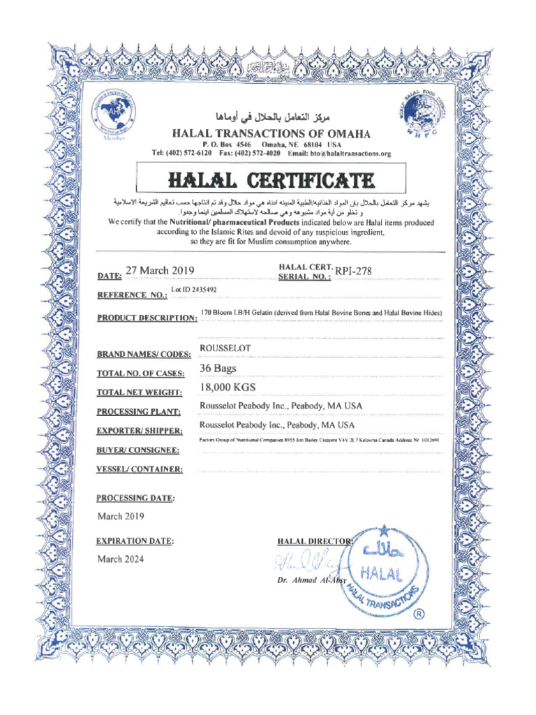 Gelatin - Rousselot - Halal Certificate | PDF