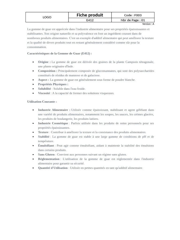 Gomme de Guar (E412) Propriétés et Usages PDF — free download