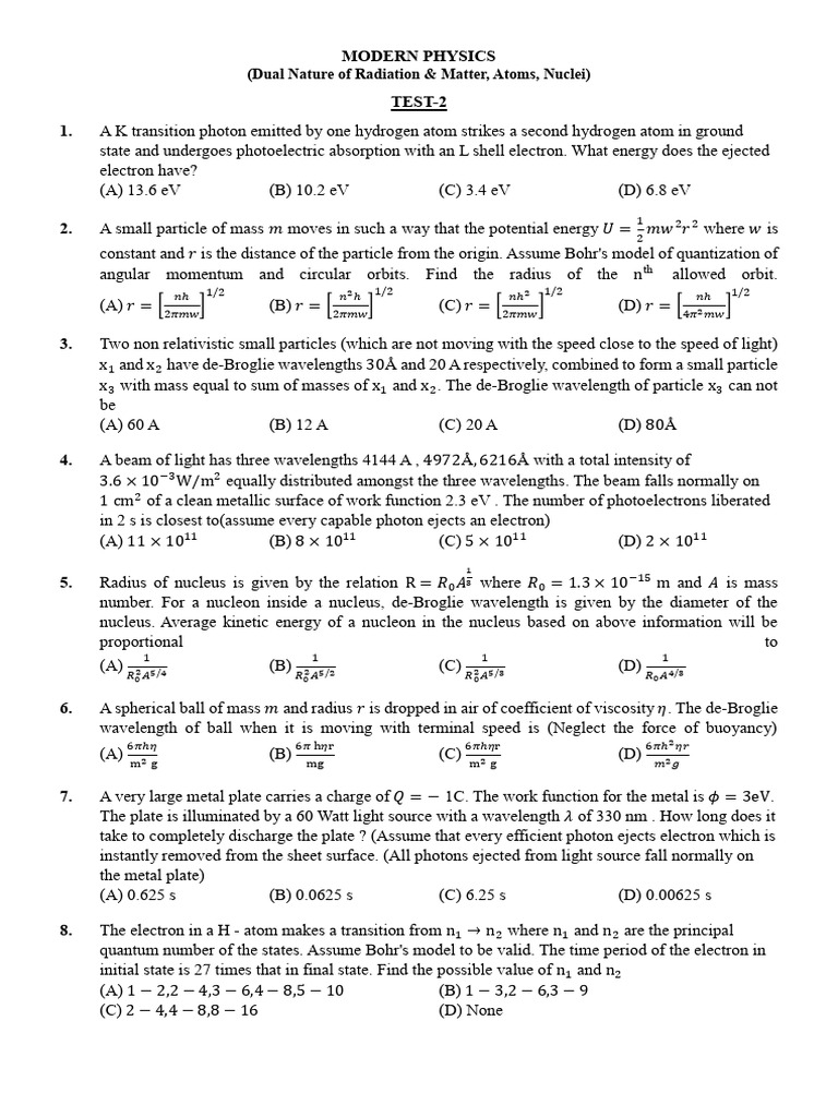 Modern Physics Test Questions and Answers | PDF | Electronvolt | Electron