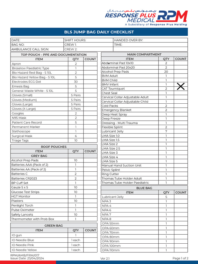 BLS Jump Bag Daily Checklist | PDF | Medical Equipment