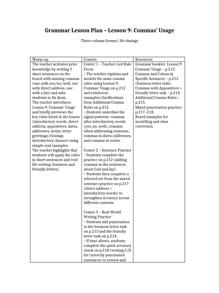 Commas Usage Lesson Plan for Students | PDF | Comma | Sentence ...