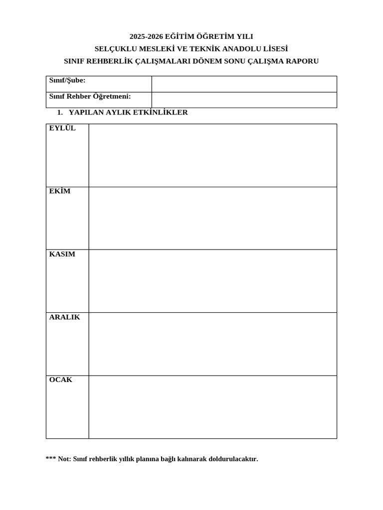Sınıf Rehberlik Dönem Sonu Raporu | PDF