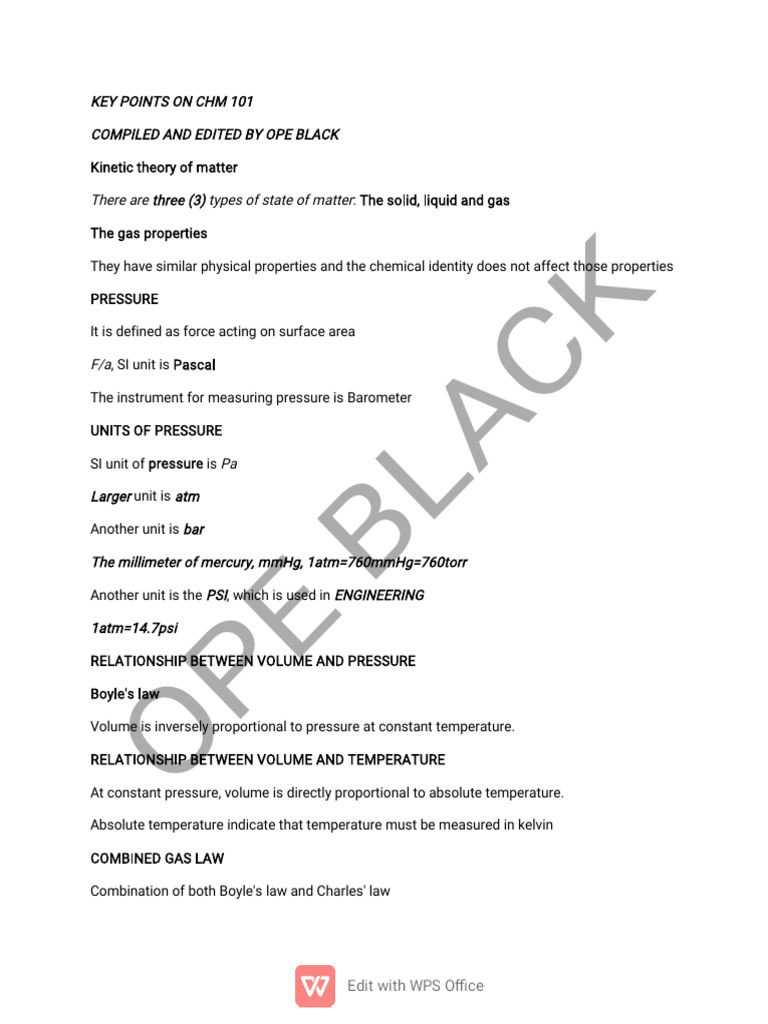 Key Concepts in CHM 101 Chemistry | PDF | Gases | Chemical Reactions