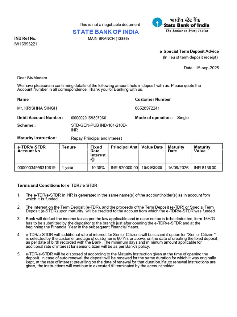 SBI e-Special Term Deposit Confirmation | PDF | Economies | Money