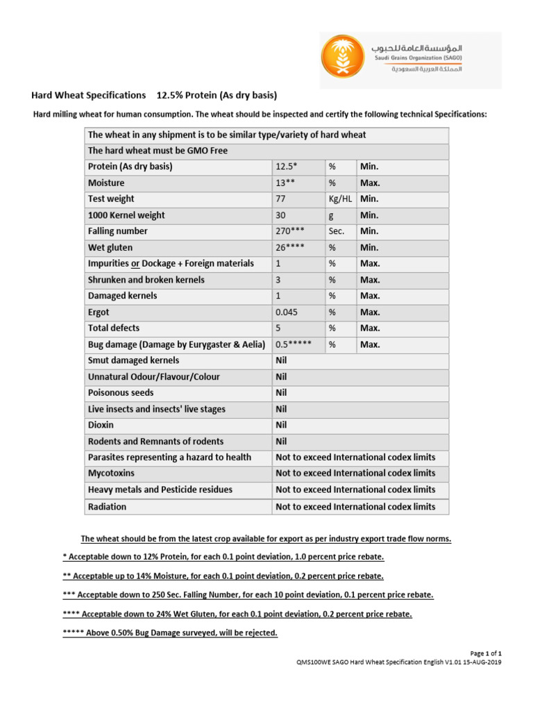 QMS100 SAGO Hard Wheat Specification V1.01 | PDF | Wheat | Seed
