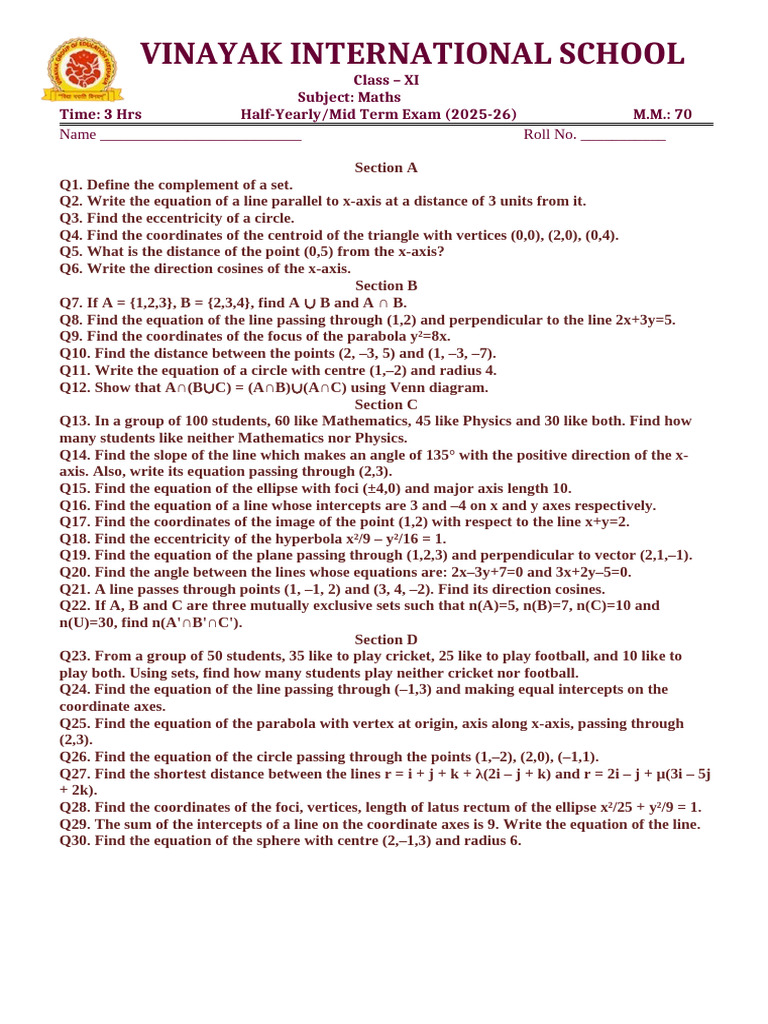 Class XI Maths Mid-Term Exam Paper | PDF | Differential Geometry ...