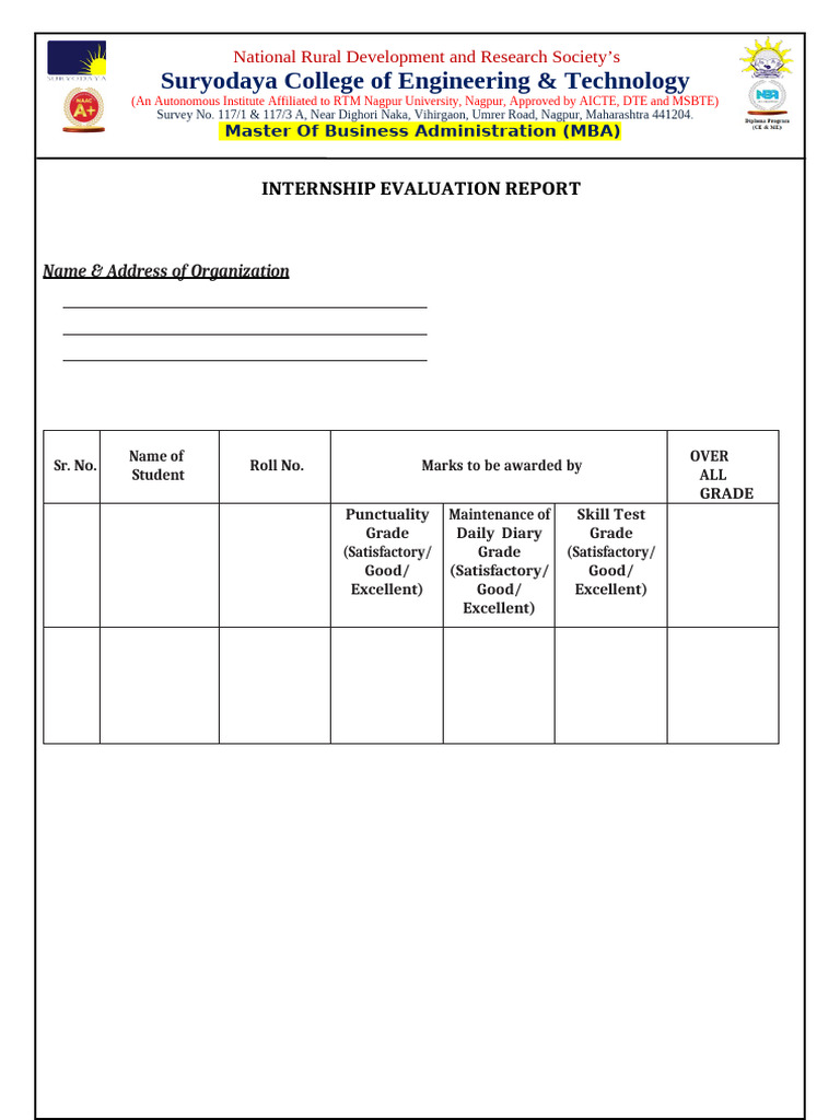 MBA Internship Evaluation Report Template | PDF